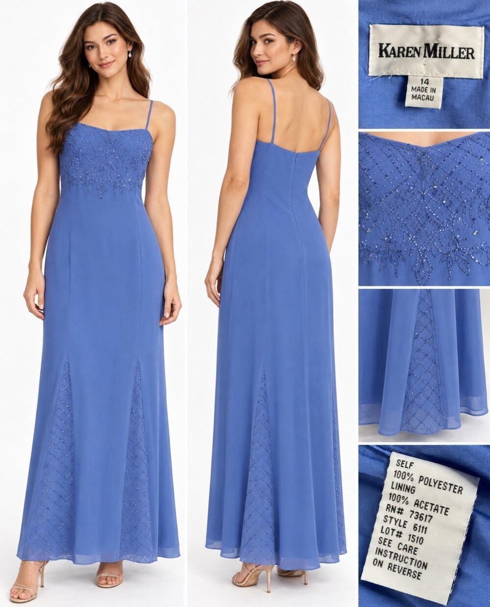 Vtg Y2K 2000s Karen Miller Empire Waist Beaded Maxi Dress Sz 14 Blue Formal Prom